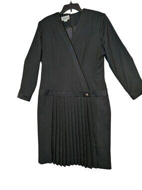 Henry Lee Black Vintage Pleated Drop Waist Dress Size 18 Polyester Long Sleeve